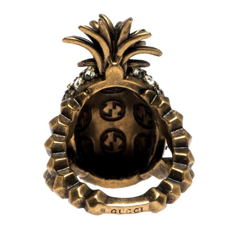 Pre Owned Gucci Pineapple Motif Multi Color Crystal Studded Gold Tone Ring Size 54