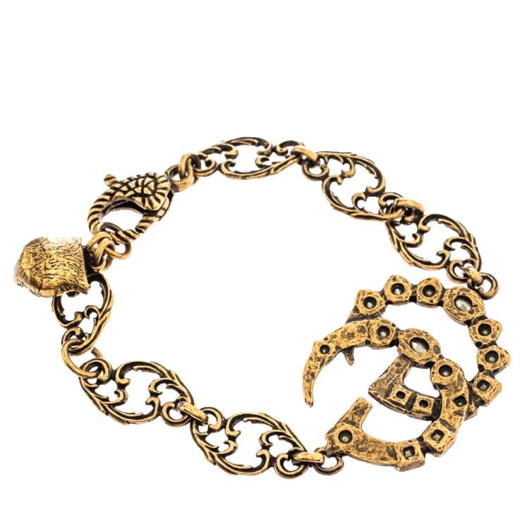 Pre Owned Gucci Double G Multicolor Crystal Gold Tone Bracelet 