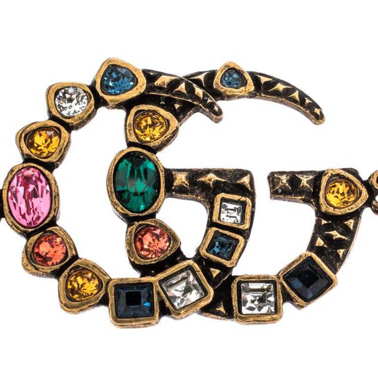 Pre Owned Gucci Double G Multicolor Crystal Gold Tone Bracelet 