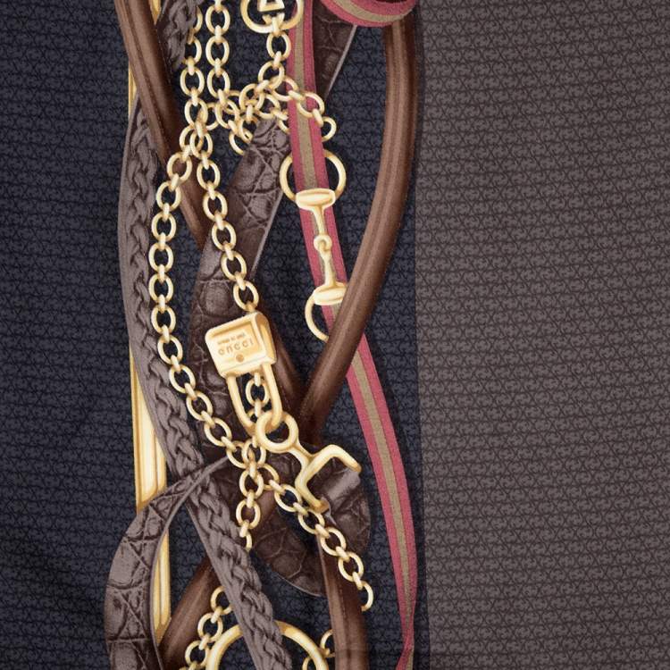 مملوكة مسبقًا Gucci Vintage Brown & Gold Equestrian Print Silk Scarf