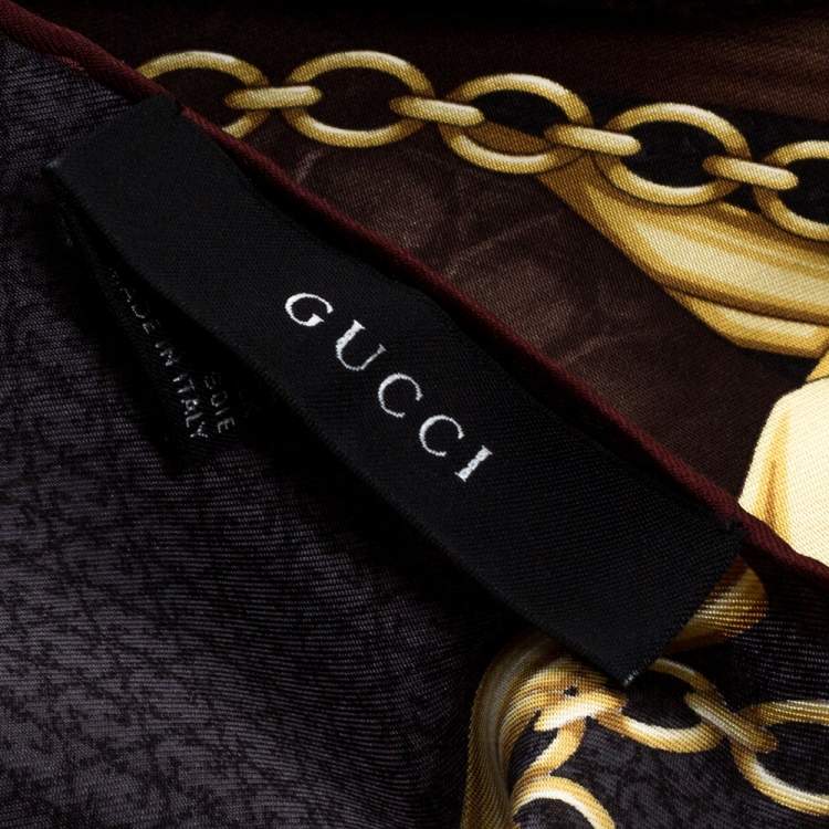 مملوكة مسبقًا Gucci Vintage Brown & Gold Equestrian Print Silk Scarf
