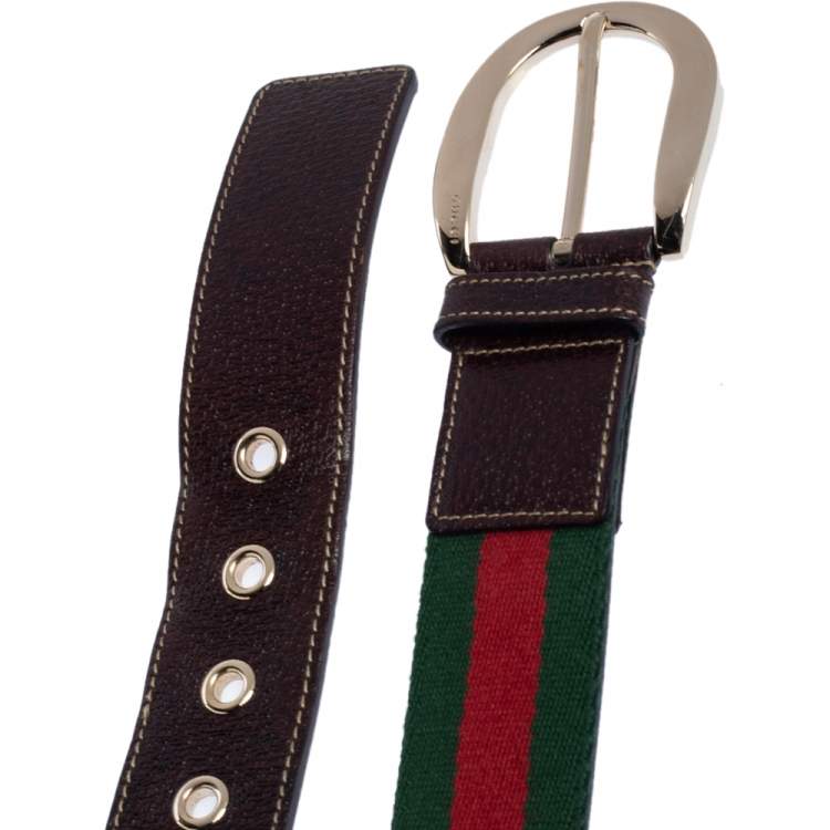 Pre Owned Gucci Brown Leather and Fabric Vintage Web Buckle Belt 100CM