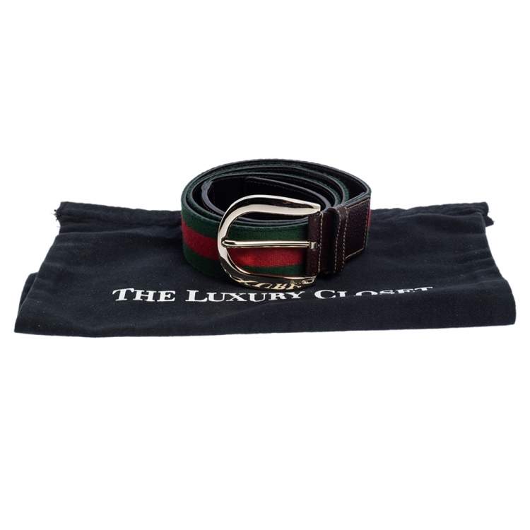 Pre Owned Gucci Brown Leather and Fabric Vintage Web Buckle Belt 100CM