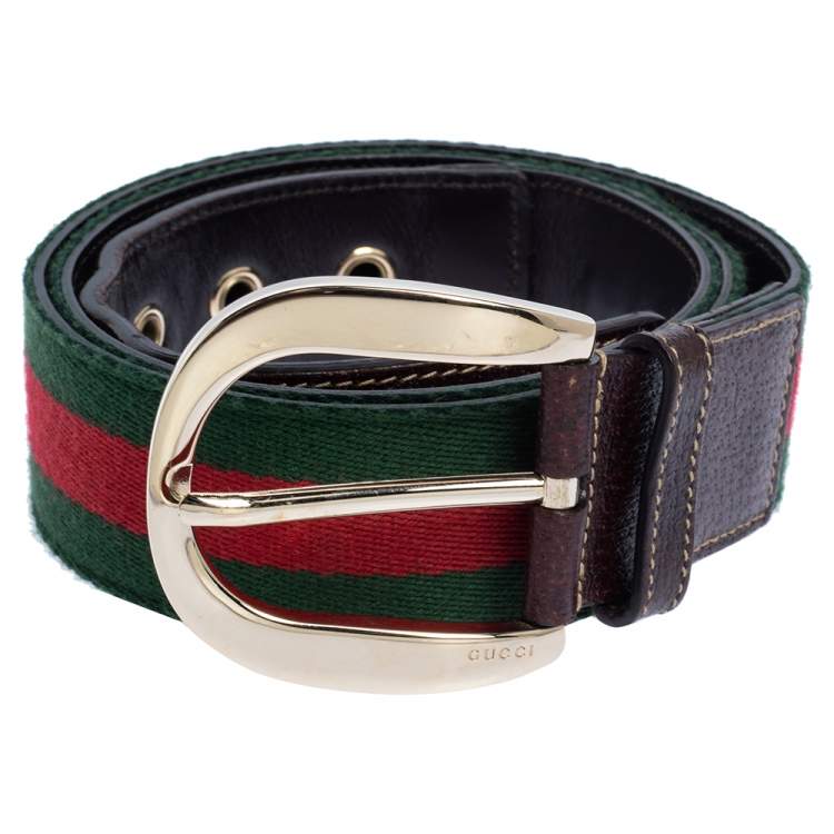 Pre Owned Gucci Brown Leather and Fabric Vintage Web Buckle Belt 100CM