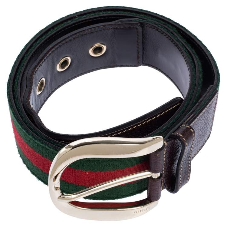 Pre Owned Gucci Brown Leather and Fabric Vintage Web Buckle Belt 100CM