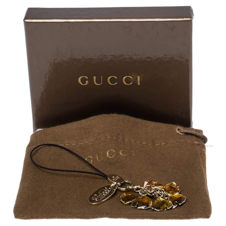 Pre Owned Gucci Logo Enamel Crystal Gold Tone Cell Phone Charm