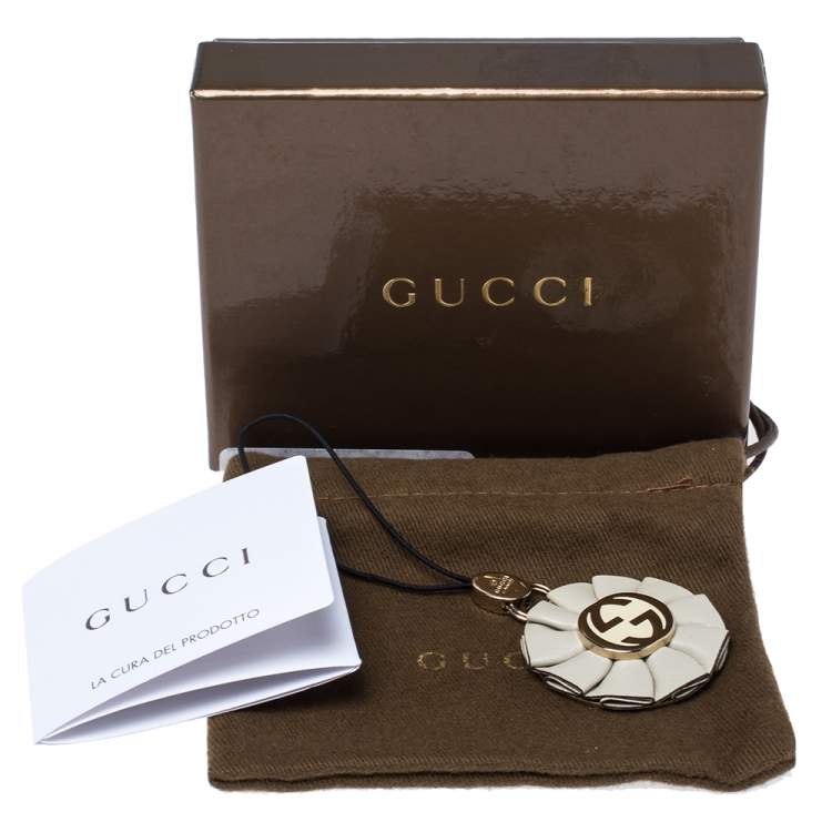Pre Owned Gucci GG Enamel Leather Gold Tone Floral Cell Phone Charm 