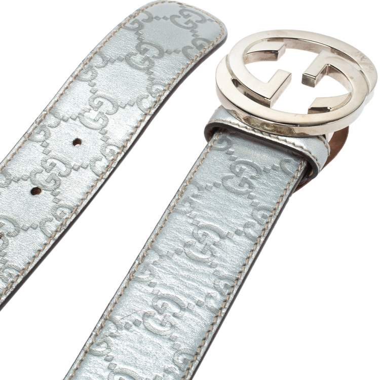 مملوكة مسبقًا Gucci Silver Guccissima Leather Interlocking G Buckle Belt 90CM