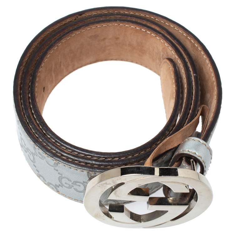 مملوكة مسبقًا Gucci Silver Guccissima Leather Interlocking G Buckle Belt 90CM