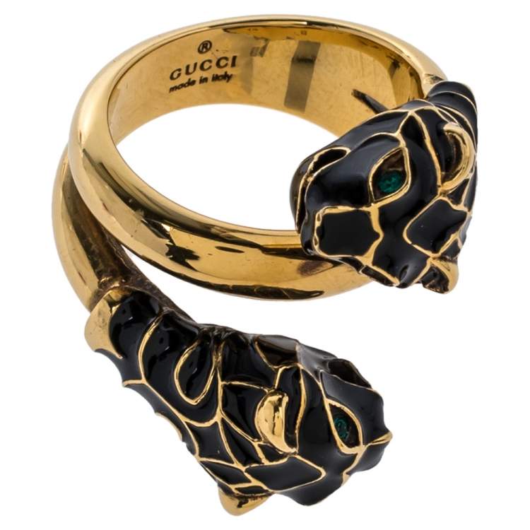 Pre Owned Gucci Tiger Double Head Enamel Gold Tone Wrap Ring Size 54.5