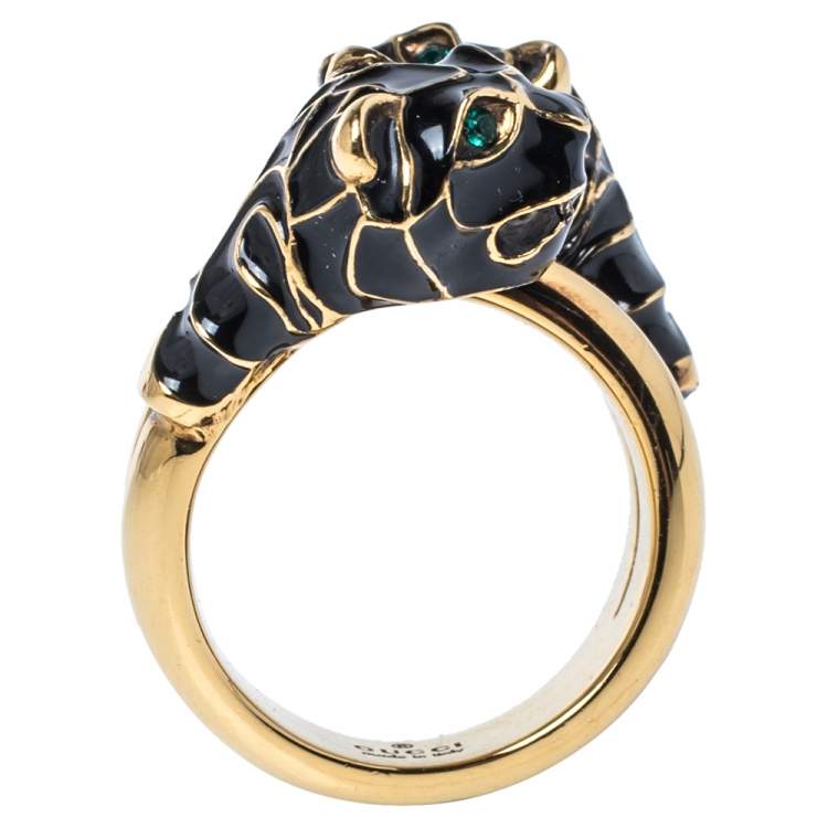 Pre Owned Gucci Tiger Double Head Enamel Gold Tone Wrap Ring Size 54.5