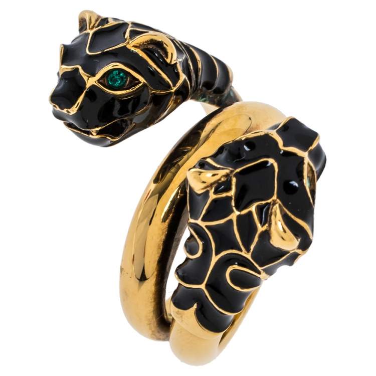 Pre Owned Gucci Tiger Double Head Enamel Gold Tone Wrap Ring Size 54.5