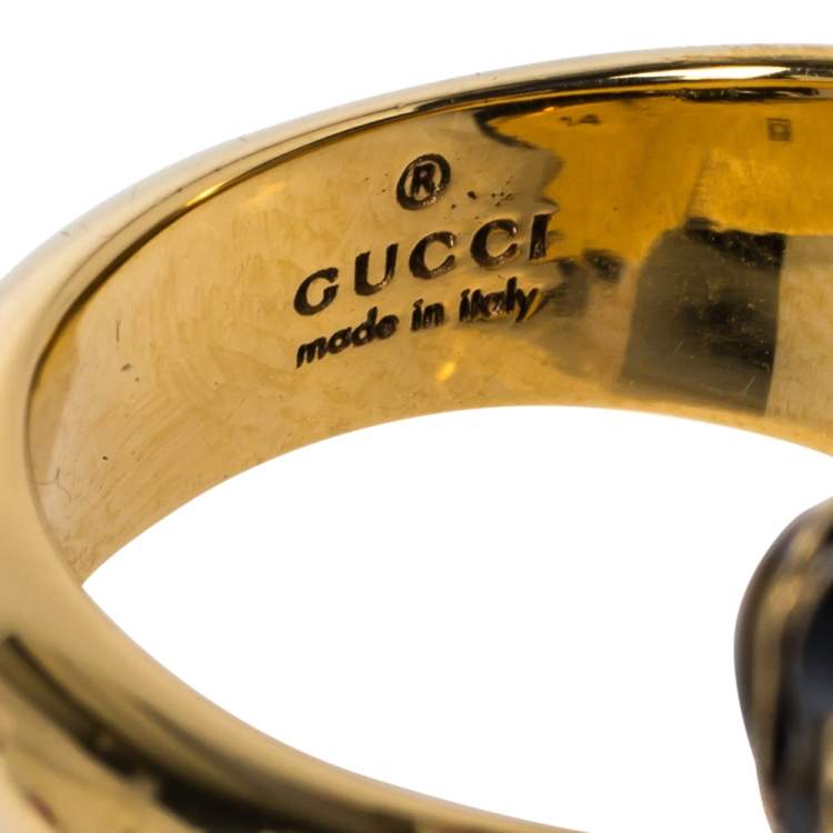 Pre Owned Gucci Tiger Double Head Enamel Gold Tone Wrap Ring Size 54.5