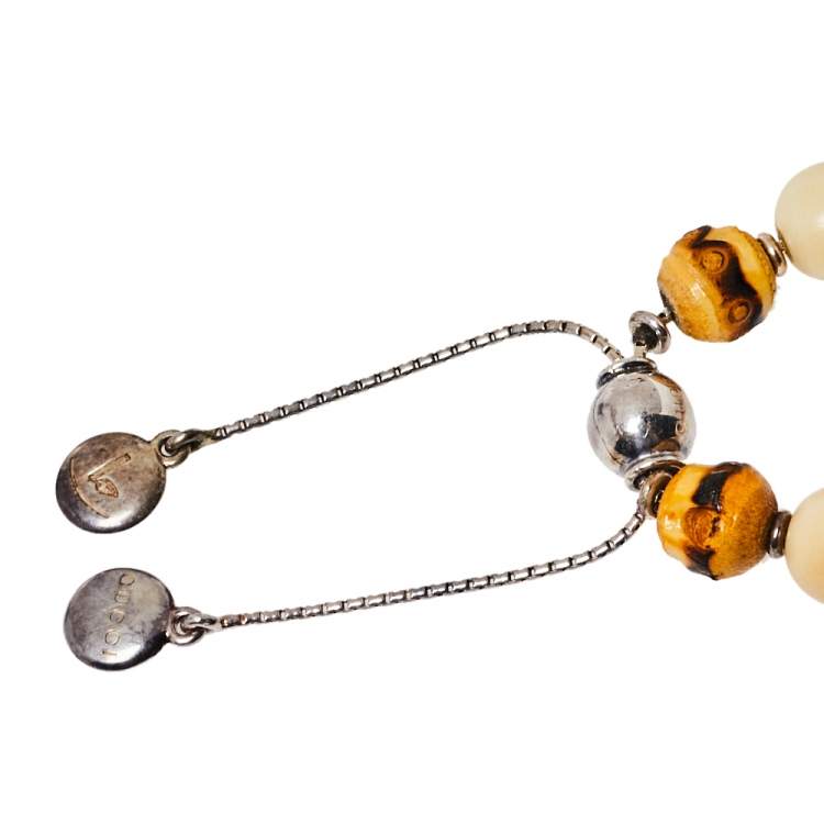 Pre Owned Gucci Bamboo Wood & Tagua Beads Silver Adjustable Bracelet Size 17