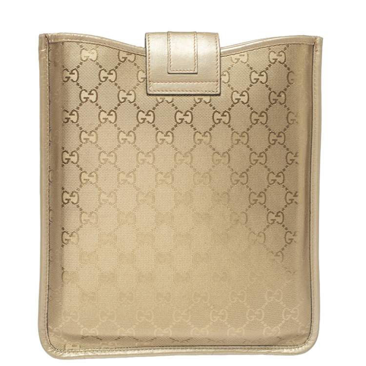 Pre Owned Gucci Gold GG Imprime Leather Flap iPad Case