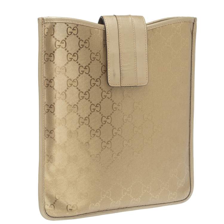 Pre Owned Gucci Gold GG Imprime Leather Flap iPad Case