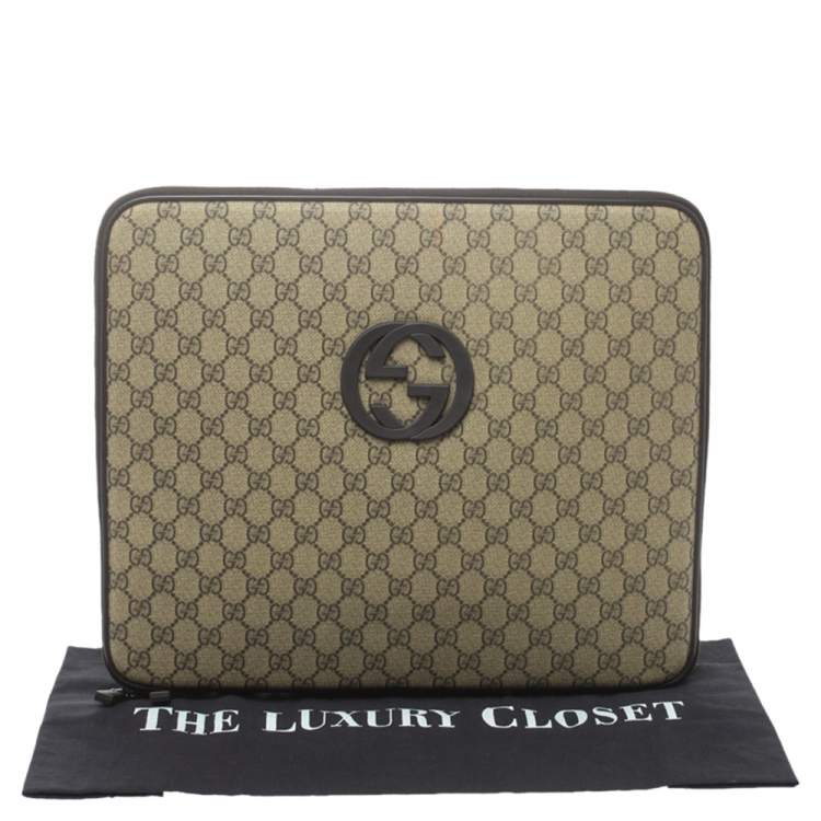 Pre Owned Gucci Beige/Ebony GG Supreme Canvas and Leather Interlocking Logo Laptop Case