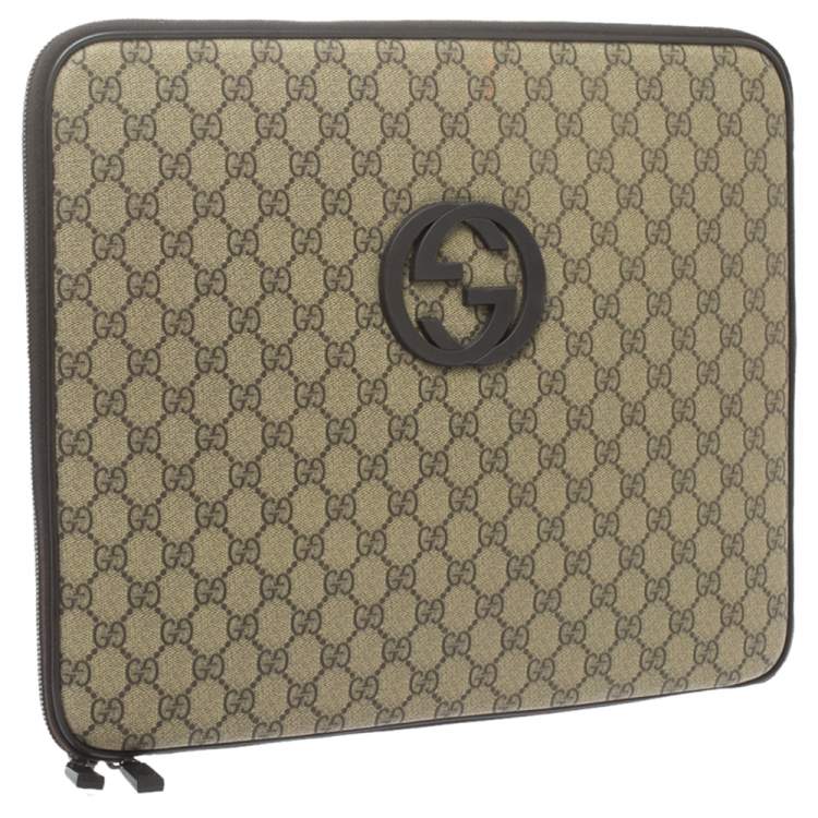 Pre Owned Gucci Beige/Ebony GG Supreme Canvas and Leather Interlocking Logo Laptop Case