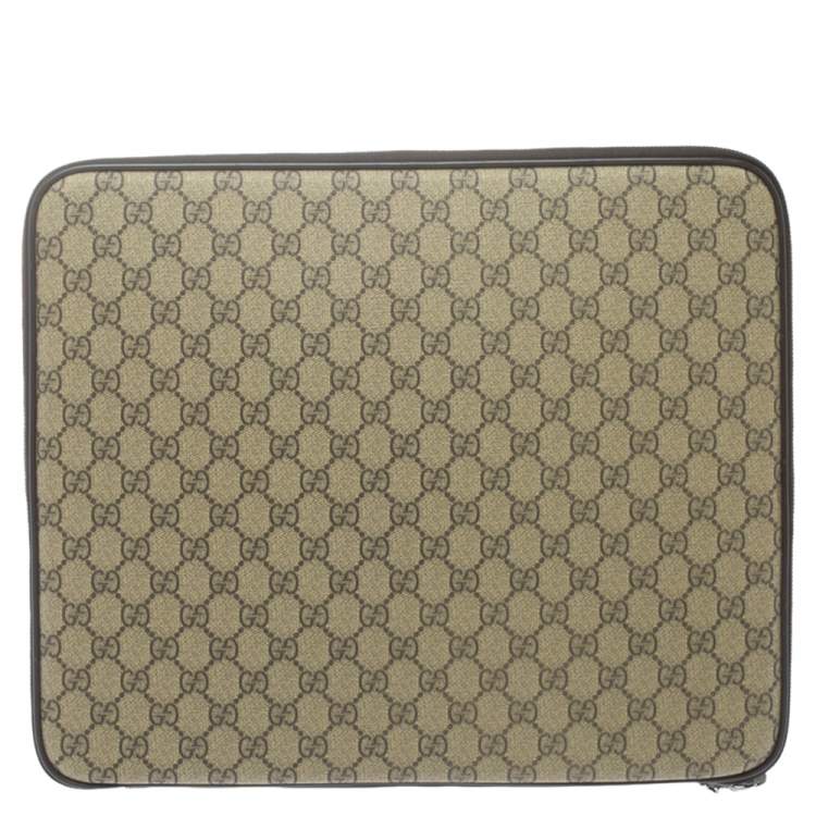 Pre Owned Gucci Beige/Ebony GG Supreme Canvas and Leather Interlocking Logo Laptop Case