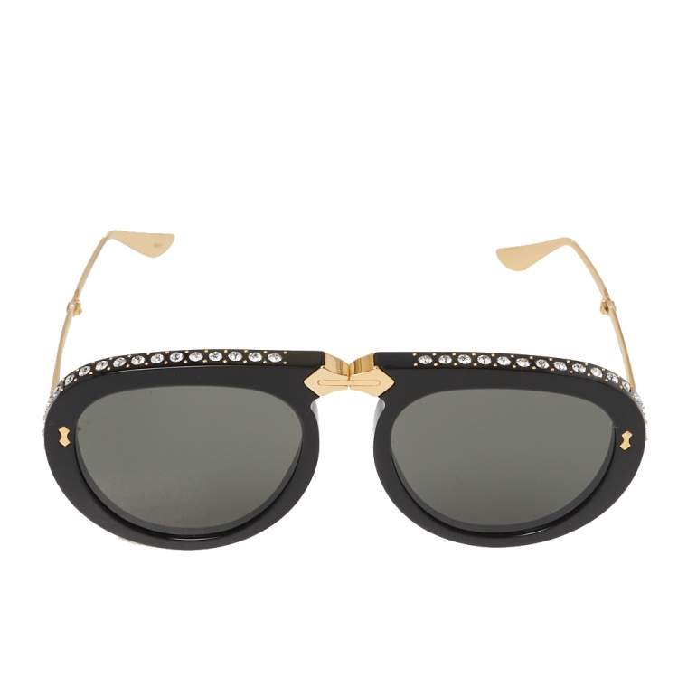 Gucci Black Crystal Studded / Grey GG0307S Foldable Pilot Sunglasses Gucci  | TLC