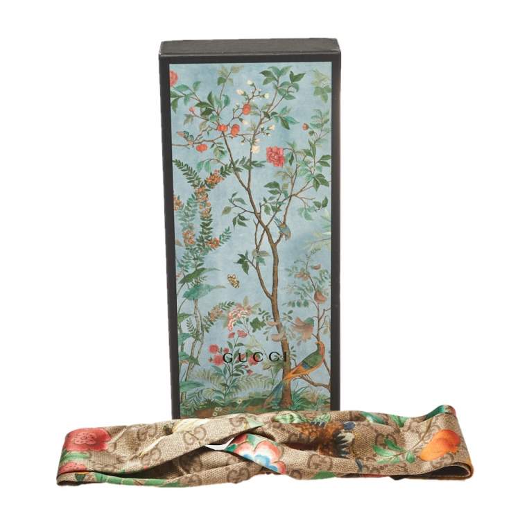 Pre Owned Gucci Beige Logo Monogram Tian Printed Silk Headband