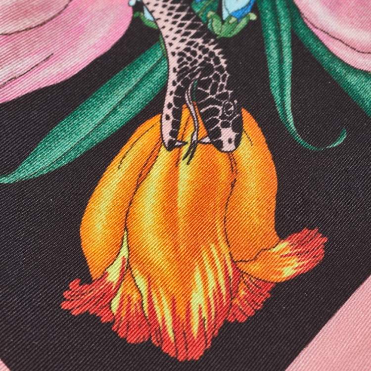 Pre Owned Gucci Black & Pink Flora Snake Print Silk Neck Bow