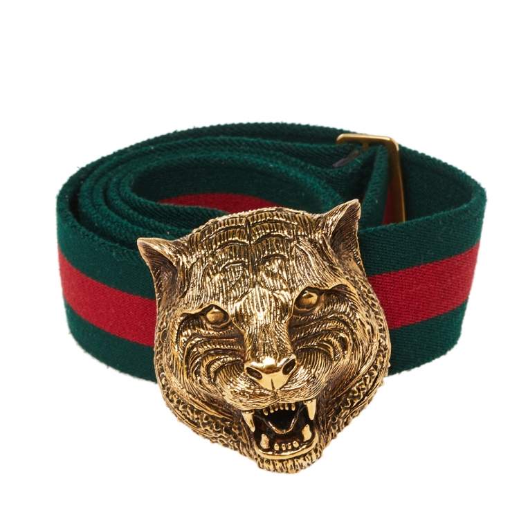 Gucci Green/Red Web Tiger Head Buckle Waist Belt 105 CM Gucci | TLC