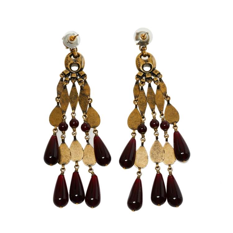 Pre Owned Gucci Aged Gold Tone Garnet Beaded Chandelier Earrings