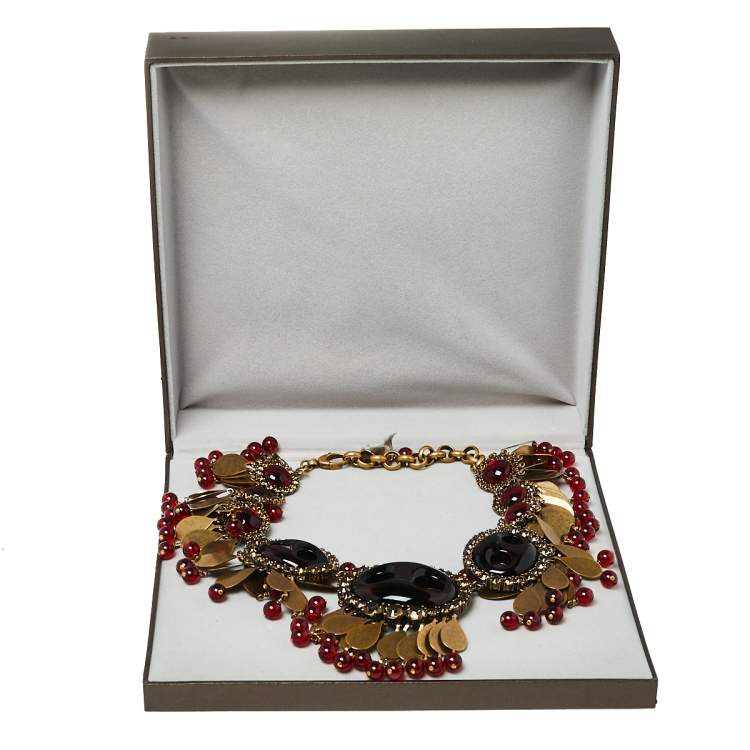 Pre Owned Gucci Aged Gold Tone Crystals & Bead Charm Statement Necklace