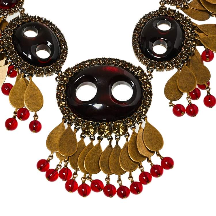 Pre Owned Gucci Aged Gold Tone Crystals & Bead Charm Statement Necklace