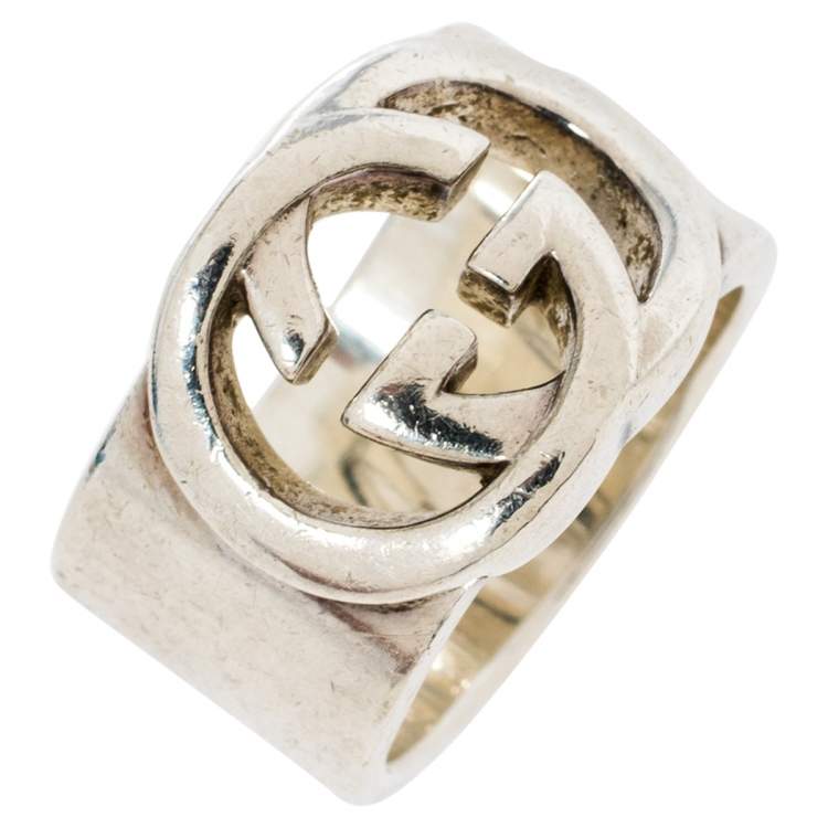 Pre Owned Gucci Sterling Silver Interlocking GG Band Ring Size EU 57