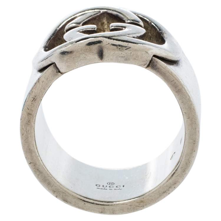 Pre Owned Gucci Sterling Silver Interlocking GG Band Ring Size EU 57