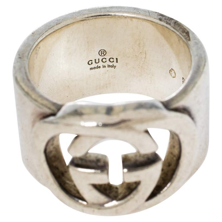 Pre Owned Gucci Sterling Silver Interlocking GG Band Ring Size EU 57
