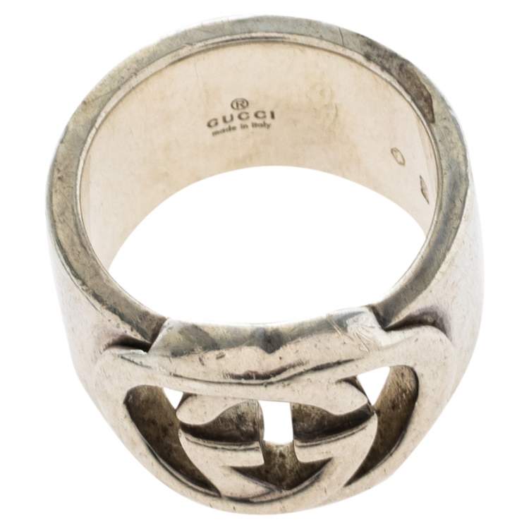 Pre Owned Gucci Sterling Silver Interlocking GG Band Ring Size EU 57