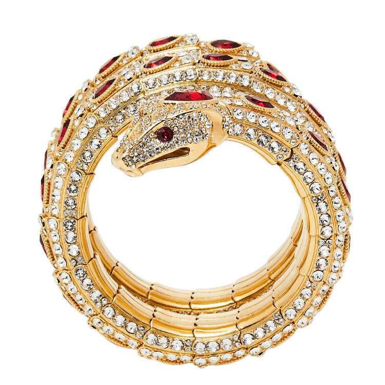 Pre Owned Gucci Gold Tone Crystal Encrusted Triple Wrap Snake Bracelet