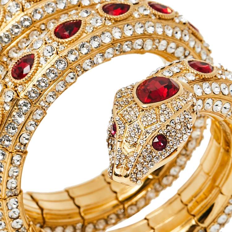 Pre Owned Gucci Gold Tone Crystal Encrusted Triple Wrap Snake Bracelet