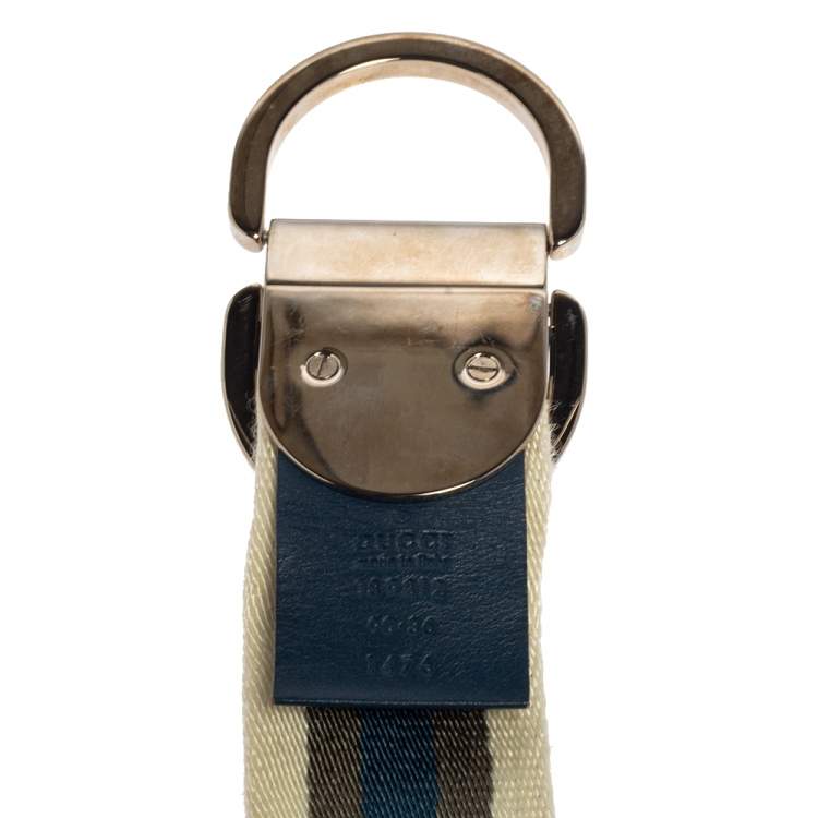 Pre Owned Gucci White/Blue/Green Web Belt With Engraved Gucci Script Logo D Ring Buckle 90 CM