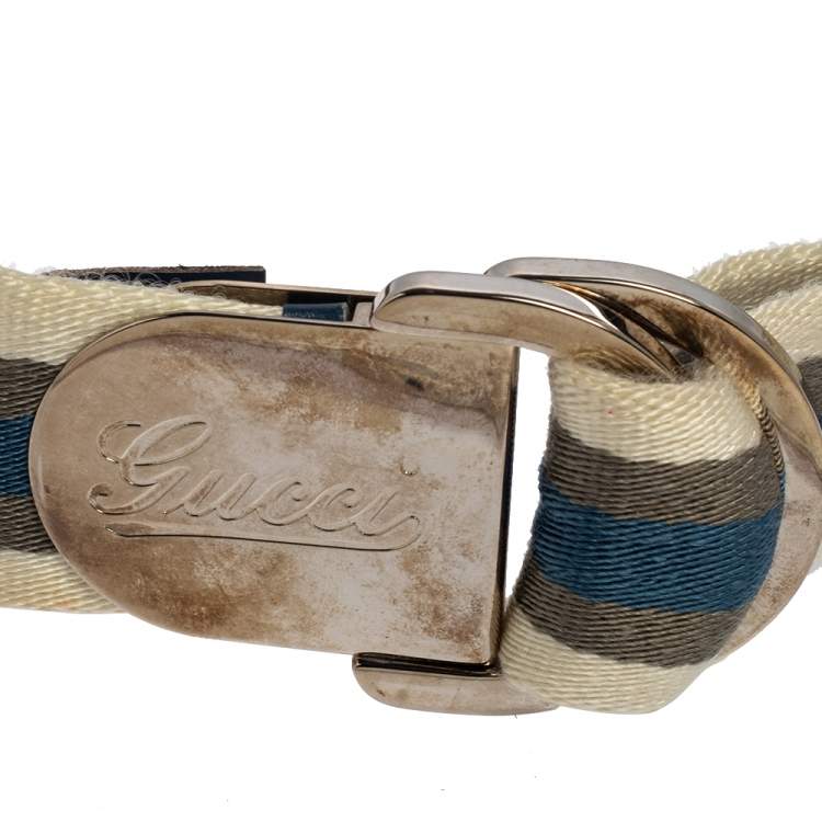 Pre Owned Gucci White/Blue/Green Web Belt With Engraved Gucci Script Logo D Ring Buckle 90 CM