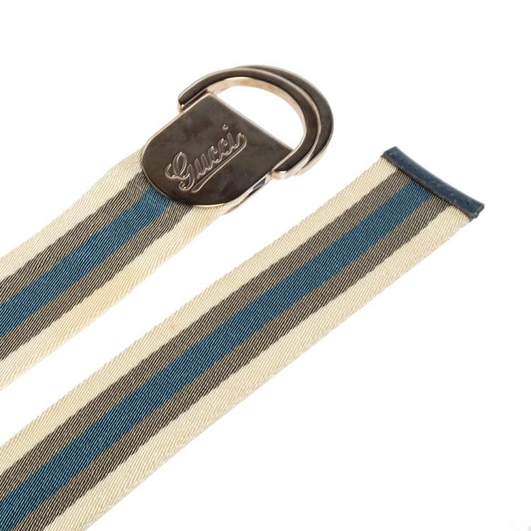 Pre Owned Gucci White/Blue/Green Web Belt With Engraved Gucci Script Logo D Ring Buckle 90 CM