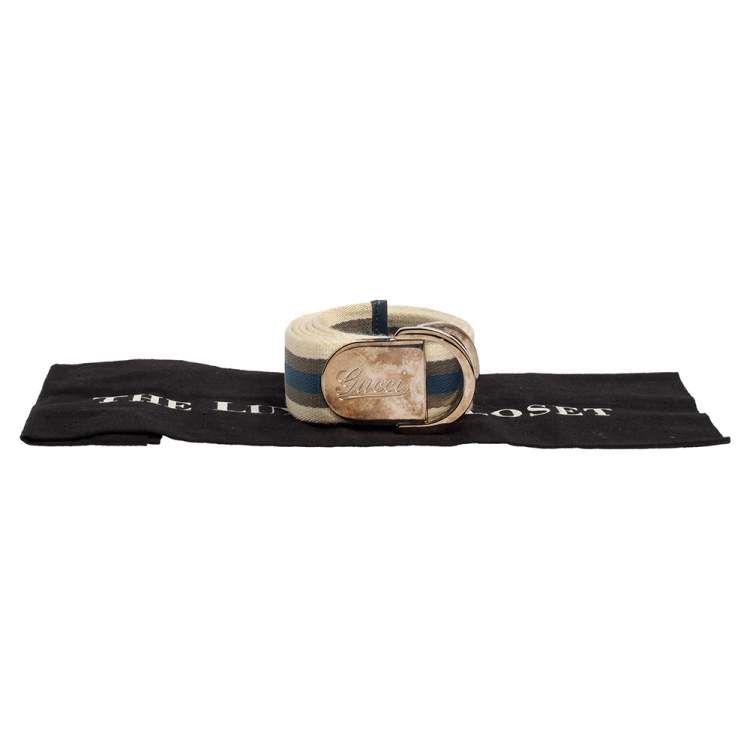 Pre Owned Gucci White/Blue/Green Web Belt With Engraved Gucci Script Logo D Ring Buckle 90 CM
