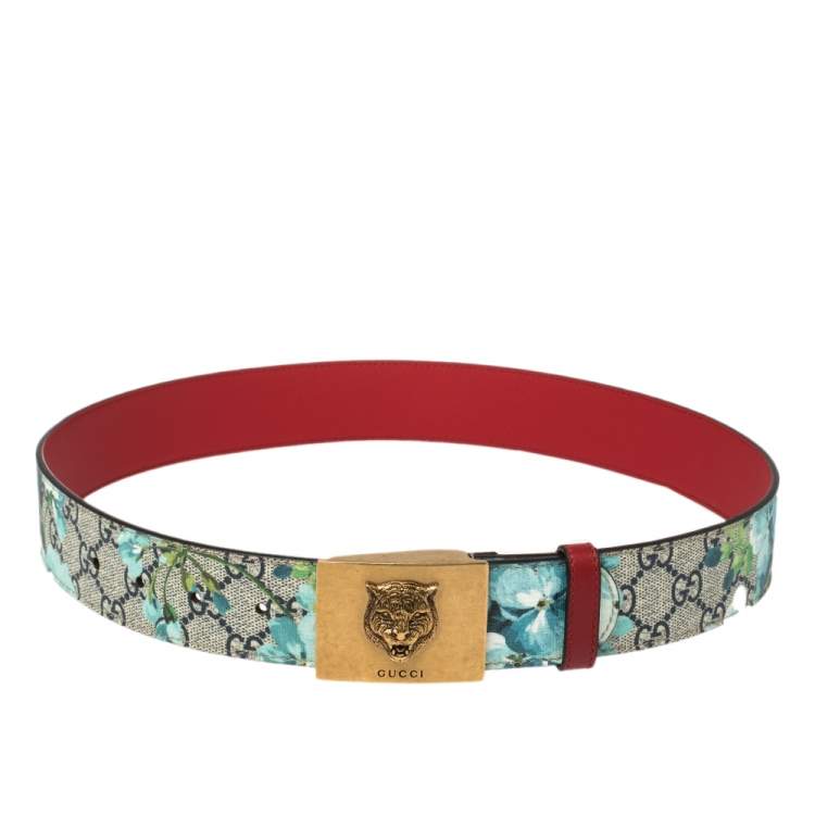 Gucci GG Supreme Blooms Belt with Tiger Head Buckle - Blue