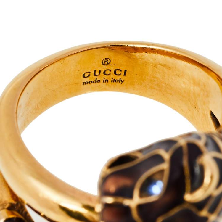 مملوكة مسبقًا Gucci Tiger Double Head Enamel Gold Tone Wrap Ring 17