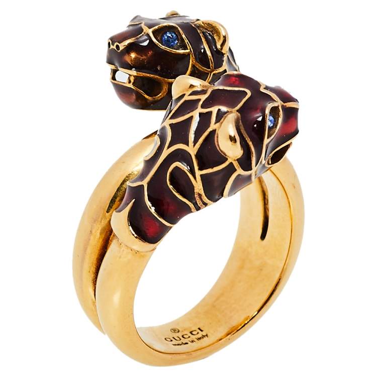 Gucci Tiger Double Head Enamel Gold Tone Wrap Ring 17 Gucci | TLC