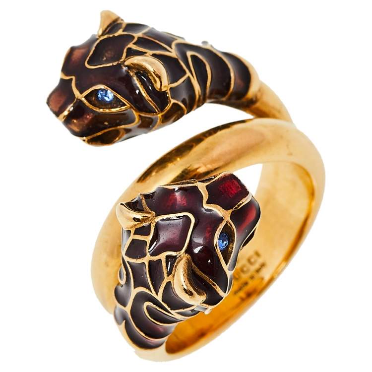مملوكة مسبقًا Gucci Tiger Double Head Enamel Gold Tone Wrap Ring 17