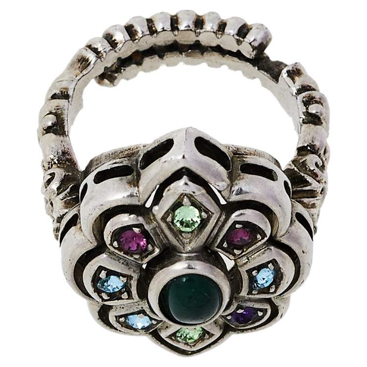 مملوكة مسبقًا Gucci Multicolor Crystal Silver Tone Flower Ring 14