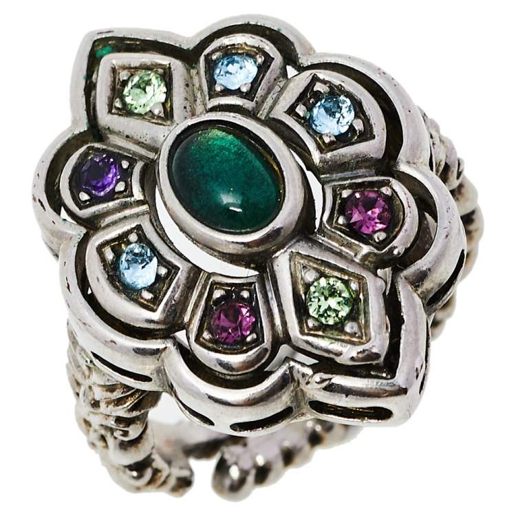 مملوكة مسبقًا Gucci Multicolor Crystal Silver Tone Flower Ring 14