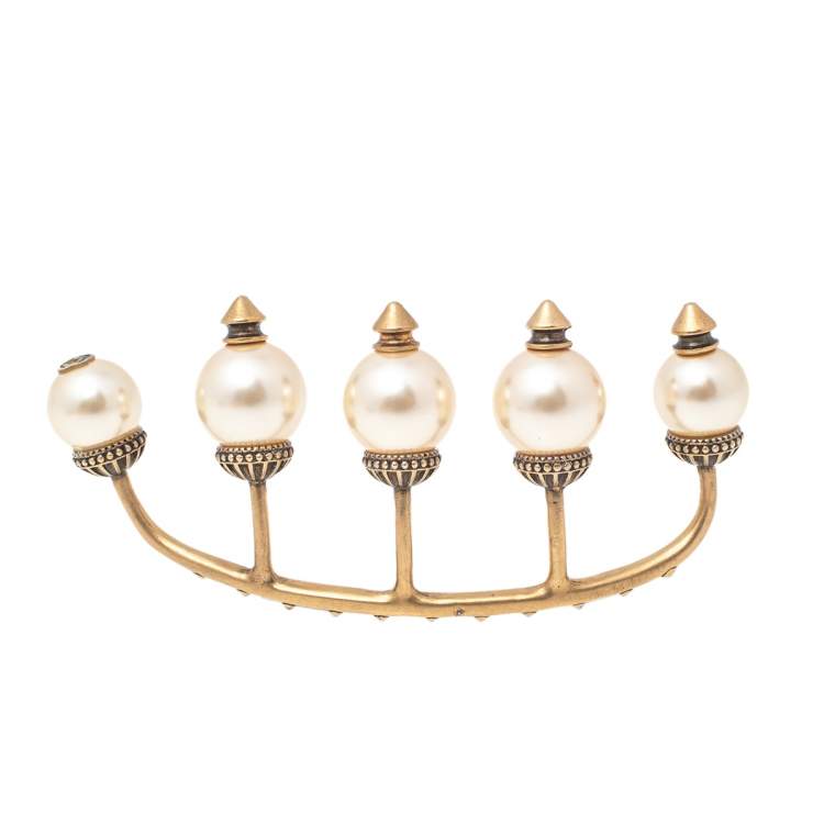 Pre Owned Gucci Faux Pearl Aged Gold Tone Multi Finger Ring 