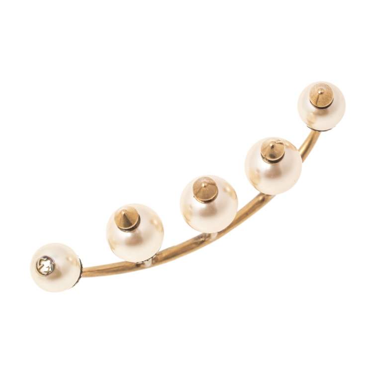 Pre Owned Gucci Faux Pearl Aged Gold Tone Multi Finger Ring 