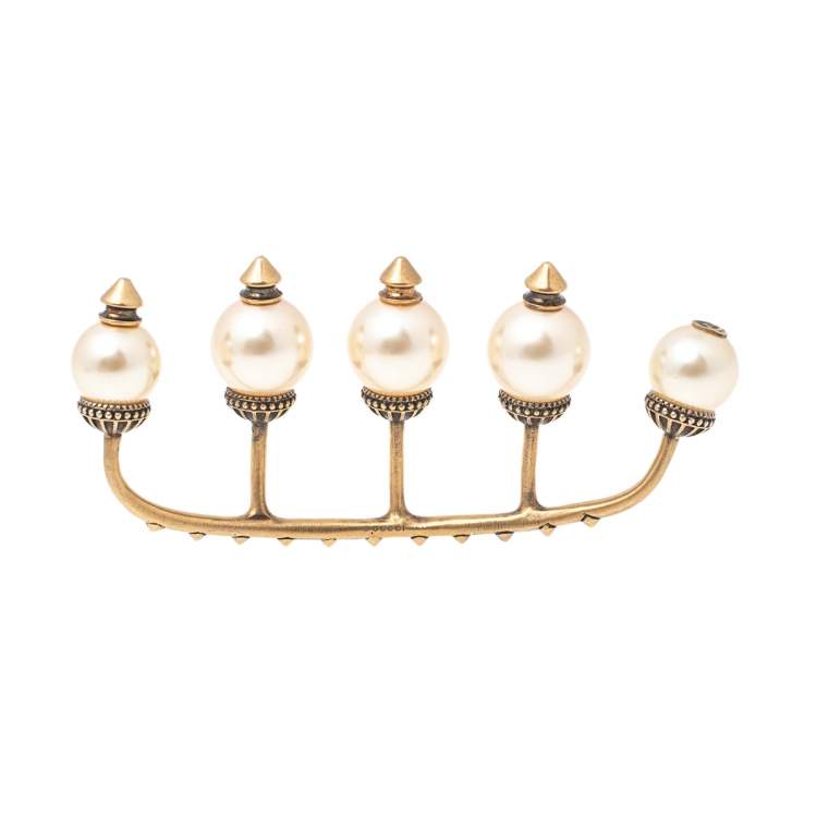 Pre Owned Gucci Faux Pearl Aged Gold Tone Multi Finger Ring 
