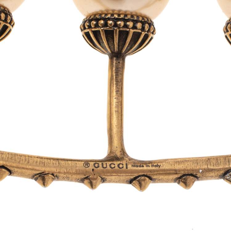 Pre Owned Gucci Faux Pearl Aged Gold Tone Multi Finger Ring 